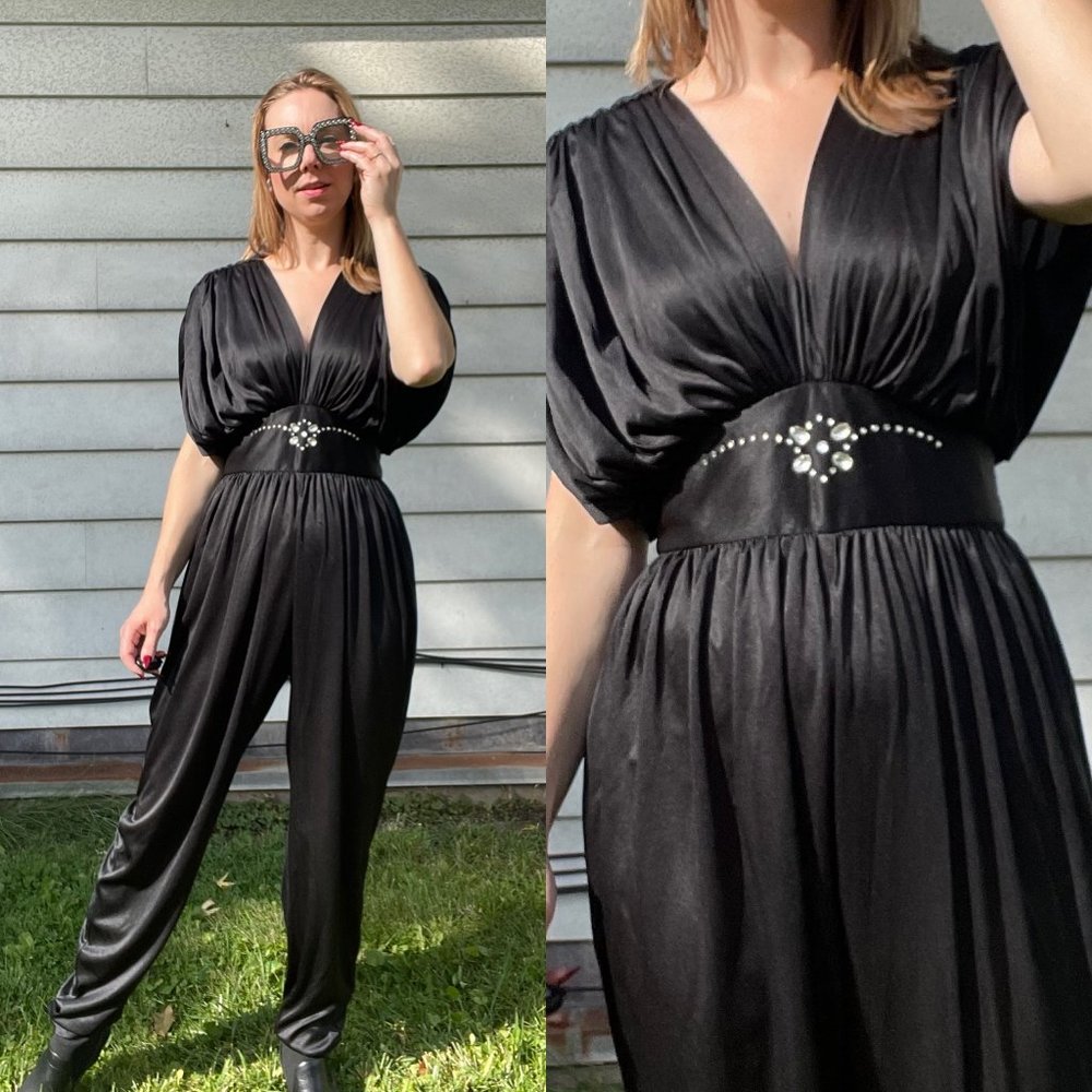 SIZE M | Vintage 1980's Rhinestone Black Jumpsuit | Ellen Hart Originals | I1